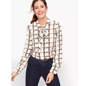 Talbots Chainlink Tie Neck Button Up Blouse Size XL Cream Career Office